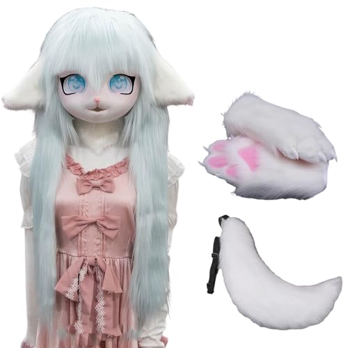 WLYEZAU Fursuit Kig Tiermaske Mit Schwanz-Plüschhandschuhen, Pelzkapuze, Party-Verkleidung, Tragbare Tierkapuze (Color : 3) von WLYEZAU