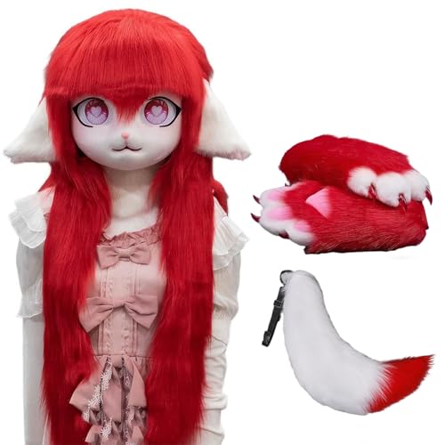 WLYEZAU Fursuit Kig Tiermaske Mit Schwanz-Plüschhandschuhen, Pelzkapuze, Party-Verkleidung, Tragbare Tierkapuze (Color : 4) von WLYEZAU