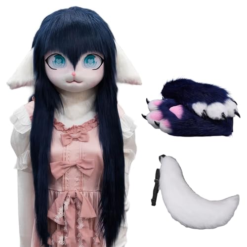 WLYEZAU Fursuit Kig Tiermaske Mit Schwanz-Plüschhandschuhen, Pelzkapuze, Party-Verkleidung, Tragbare Tierkapuze (Color : 7) von WLYEZAU