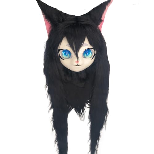 WLYEZAU Fursuit Tierkopfbedeckung, Realistische Glasaugen Anime Kopfbedeckung, KIG Furry Halloween Maskerade Party Requisiten(Black) von WLYEZAU