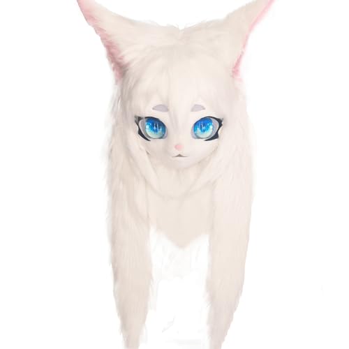 WLYEZAU Fursuit Tierkopfbedeckung, Realistische Glasaugen Anime Kopfbedeckung, KIG Furry Halloween Maskerade Party Requisiten(White) von WLYEZAU