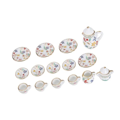 WNXGNHO 1:12 Miniaturen Puppenhäuser Küchenzubehör Minis Tasse Teller Set 15-teiliges Blumenmuster Porzellan Teetassen Set von WNXGNHO