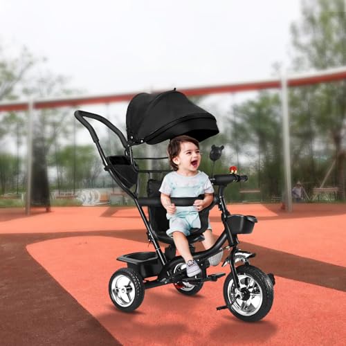 Baby-Dreirad, 4-in-1-Dreirad mit wendbarem Sitz, flexible Lenkung, erweitertes Sonnendach für verschiedene Altersgruppen und Lebensphasen (schwarz) von WODFARR