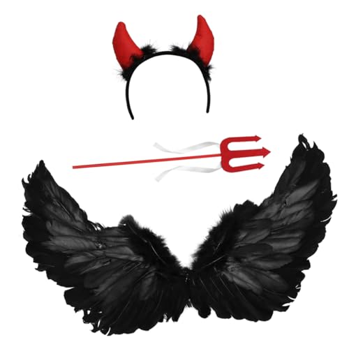 WOFASHPURET 3st Halloween-show-flügel Halloween-kostüm Für Erwachsene Teufel Schwarze Flügel Halloween-cosplay-kostüm Cosplay-zubehör Haarspangen Aus Teufelshorn Stirnband Machen Black Feder von WOFASHPURET