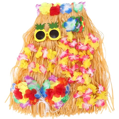 WOFASHPURET Hawaii-Luau-Hula-Grasrock Mit Großer Kostümset Hawaiianisches Lei-S-Luau-Tropen-Stirnband Armbänder Halskette Hibiskus-Haarspange Für Tanzparty Gelb von WOFASHPURET