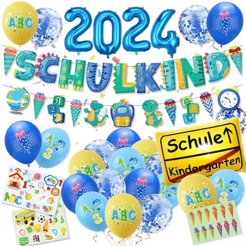 Einschulung Deko, Schulanfang Schuleinführung Deko Set für Jungen Mädchen, 2024 Folienballon+ Schule Folienballon + SCHULKIND Girlande + Zuckertüten Girlande+ 23 Luftballons+ 3 Aufklebers, Blau von WOGOPRO