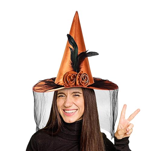 WOGXN Hexenhüte für Frauen,Halloween-Hexenhut | Cosplay Hüte Zaubererkostüm | Partyhüte, Foto-Requisiten mit Halbschleier, Federrosenhut mit breiter Krempe, Halloween-Kostümzubehör von WOGXN