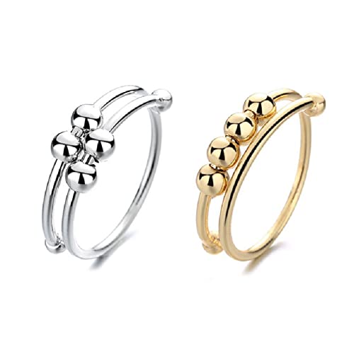 2PCS Fidget Ring, Gold und Silber Angstringe mit Perlen Legierung Stressabbauende Ringe Einfaches Fidgetspielzeug Erwachsene Tragbares Stressabbauspielzeug Angstspielzeug von WOHPNLE