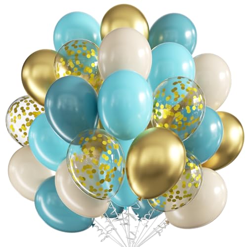 Luftballons Blau 60 Stück,12 Zoll Luftballons Teal Blau Beige Luftballons,Metallic Gold Konfetti Ballons Helium Sand Weiß Latexballons für Hochzeit Verlobung Taufe Baby Shower Jungen Party Deko von WOIRROIP