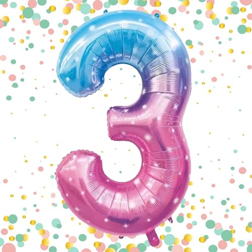 Luftballon 3,Zahlen Luftballon Rosa Blau Gradient, 40 Zoll XXL Meerjungfrau Folienballon 3.Blau Zahlenballon 3 Helium Ballon, Luftballon 3. Geburtstag für 3 Jahre Geburtstagsdeko Kinder Junge Mädchen von WOIRROIP