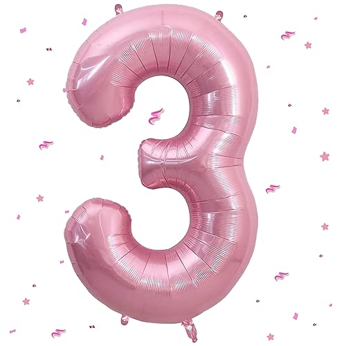 Luftballon 3.Geburtstag,Zahlen 3 Luftballon Rosa,40 Zoll XXL Pastell Rosa Folienballon Hell Pink Zahlenballon 3 Helium Ballon,Luftballon 3.Geburtstag für 3 Jahre Geburtstagsdeko Kinder Junge Mädchen von WOIRROIP