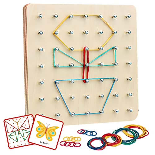 WOKICOR Geoboard Holz, Kreatives Holz Geoboard für Unzählige, Spannende Figuren mit Musterkarten und Latexbändern, Montessori Spielzeug ab 2 3 4 Jahre für Kinder Geschenk Jungen Mädchen von WOKICOR