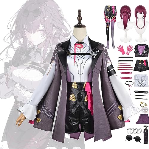 Premium Honkai Star Rail Kafka Cosplay Kostüm Outfit Spielcharakter Uniform Komplettes Set Halloween Karneval Party Dress Up Verkleidungsanzug mit Perücke Ohrring Ring Sonnenbrille für Frauen Mädche von WOLWES