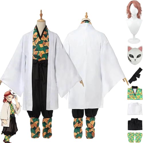 WOLWES Anime Sabito Cosplay Kostüm Outfit Dämon Slayer Kamado Tanjirou Kimono Cape Perücke Maske Schlüsselbund Komplettes Set Halloween Party Dress Up Anzug von WOLWES