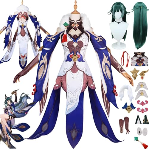 WOLWES Honkai Star Rail Yukong Cosplay Kostüm Outfit Spielzeugfigur Blaue Uniform Komplettset Halloween Party Karneval Dress Up Anzug mit Kopfbedeckung Perücke von WOLWES