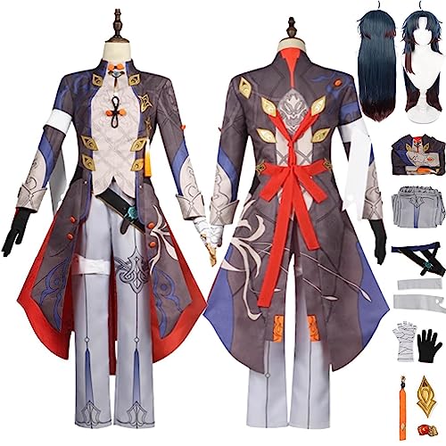 WOLWES Premium Honkai Star Rail Blade Cosplay Kostüm Outfit Spielcharakter Uniform Komplettes Set Halloween Karneval Party Dress Up Anzug mit Perücke Ohrringe Kopfschmuck von WOLWES