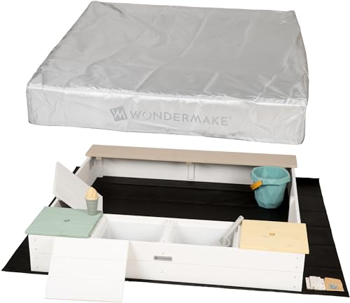 WONDERMAKE® Design Sandkasten mit Matschküche, Abdeckung Oxford 420D, Vliesfolie, Sandkiste Holz quadratisch verschließbar Outdoor Garten für Kinder, weiß bunt von WONDERMAKE