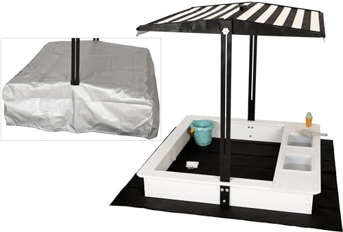 WONDERMAKE® Design Sandkasten mit Matschküche, Dach, Abdeckung Oxford 420D, Vliesfolie, Sandkiste Holz quadratisch verschließbar Outdoor Garten für Kinder, schwarz weiß von WONDERMAKE