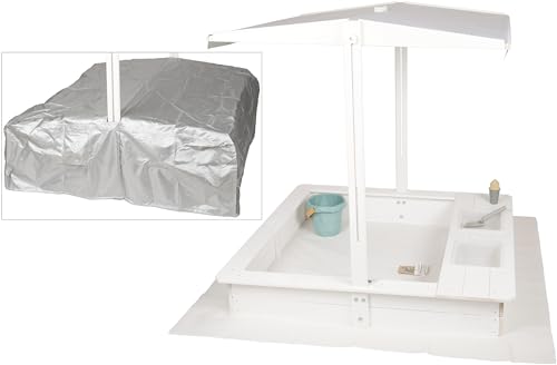 WONDERMAKE® Design Sandkasten mit Matschküche, Dach, Abdeckung Oxford 420D, Vliesfolie, Sandkiste Holz quadratisch verschließbar Outdoor Garten für Kinder, weiß Silber von WONDERMAKE