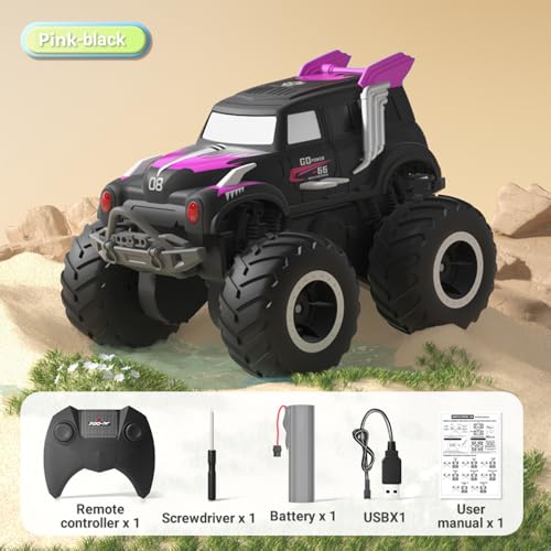 WONZHEC Fernbedienungsstunt-Auto, 2,4 GHz 4WD Dual-Side-Fahren amphibischer Offroad-Fahrzeug Alle Gelände Land Wasserboot mit 3 Batterien Geschenke für Kinder Jungen Mädchen, Pink (1 Batterie) von WONZHEC