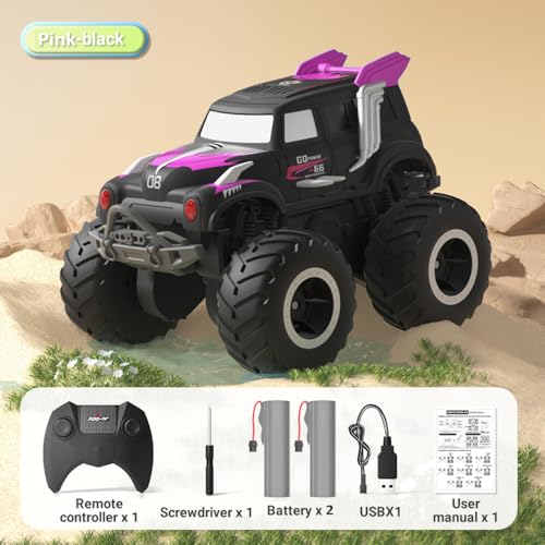 WONZHEC Fernbedienungsstunt-Auto, 2,4 GHz 4WD Dual-Side-Fahren amphibischer Offroad-Fahrzeug Alle Gelände Land Wasserboot mit 3 Batterien Geschenke für Kinder Jungen Mädchen, Pink (2 Batterie) von WONZHEC