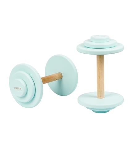 WOOBIBOO Hanteln für Kinder - Bewegungsspielzeug zur Förderung der Motorik- Leichtes und sicheres Sportspielzeug aus Holz für Kinder - Mint von WOOBIBOO