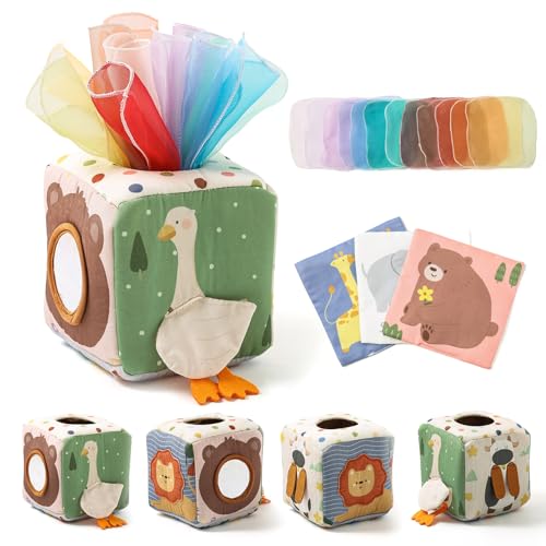 WOODEN TEETHER Tissue Box Montessori Motorikspielzeug, 6-12 Monate Sensorik Baby Spielzeug mit Spiegel, Farben, Texturen, Kinder Frühes Lernspielzeug für Jungen Mädchen Geschenke von WOODEN TEETHER