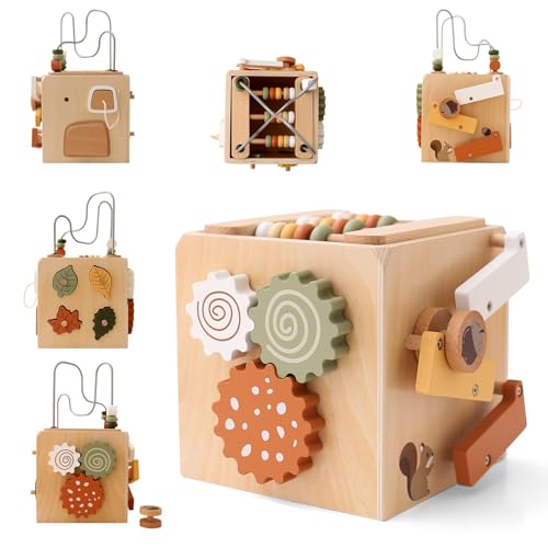 WOODEN TEETHER Montessori Motorikwürfel holzspielzeug Montessori Spielzeug ab 1 Jahr 6 in 1（Naturholzfarbe Aktivitätswürfel） von WOODEN TEETHER