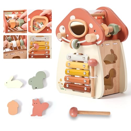 WOODEN TEETHER Montessori Motorikwürfel holzspielzeug Montessori Spielzeug ab 1 Jahr 5 in 1（Rosa Pilz） von WOODEN TEETHER