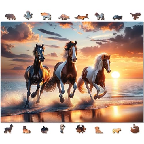 WOODEN.CITY 1000 Teile Holzpuzzle - Wildpferde am Strand mit 100 Teilen in Tierform, 53,9 x 39,4 cm - entworfen und hergestellt in der EU von WOODEN.CITY