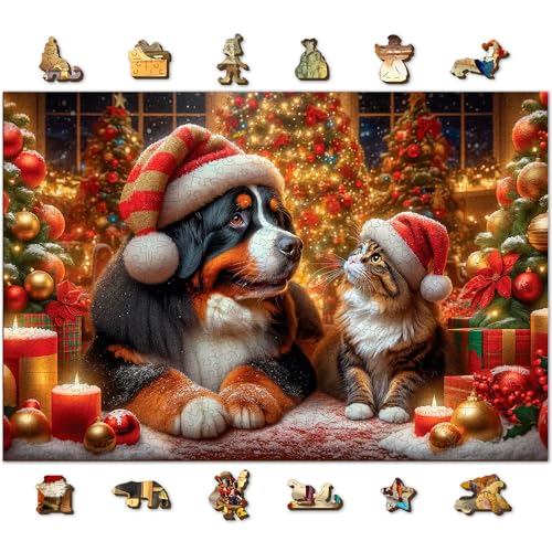 WOODEN.CITY 1000 Teile Weihnachtspuzzle aus Holz mit 100 einzigartigen festlichen Figuren - Weihnachtshund und Katze - 54,0 x 39,4 cm, hergestellt in der EU von WOODEN.CITY