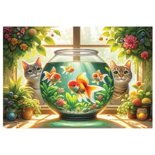 WOODEN.CITY 500 Teile Holzpuzzle - Katzen und Fische mit 50 Teilen in Tierform, 39,4 x 26,7 cm, entworfen und hergestellt in der EU von WOODEN.CITY