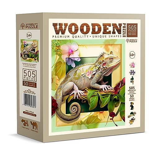 WOODEN.CITY Holzpuzzles Chamäleon und Blumen 500 Teile - Lebendige Holzpuzzles für Erwachsene - Herausfordernde Holzschnittpuzzles - Tierförmige Puzzles - Einzigartige Mosaik Holzpuzzle für Erwachsene von WOODEN.CITY