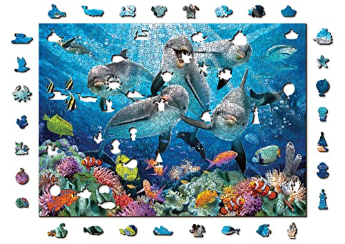 Wooden.City Holzpuzzle 1000 +10 Teile - Happy Dolphins - Erwachsene Kinder Tierpuzzle - Bunt Einzigartige Tierform - Haus Dekoration - Puzzle - Geschenk Lernspielzeug - Tolles Spielzeug 51,9 x 37,5 cm von WOODEN.CITY