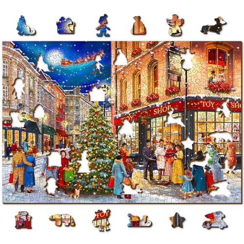 Wooden.City Holzpuzzle 500 +5 Teile - Weihnachtsstraße - Erwachsene Kinder Tierpuzzle - Bunt Einzigartige Tierform - Haus Dekoration -Puzzle - Geschenk Lernspielzeug - Tolles Spielzeug 37,5 x 25,4 cm von WOODEN.CITY