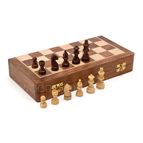 WOODENCHESSART Handgefertigtes magnetisches Klappschachbrett aus Holz mit Stauraum für Schachfiguren (7 x 7 Zoll) von WOODENCHESSART