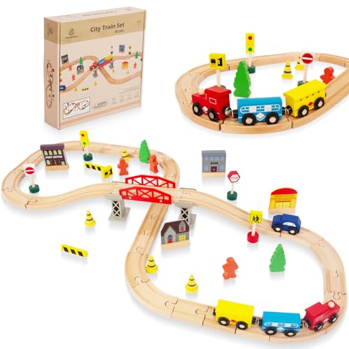 60 Stück Holzeisenbahn und Züge Pack Eisenbahn Anfängerset Kompatibel mit Thomas Passend für Eichhorn Zugset Kleinkinderspielzeug empfohlen ab 3 Jahren (61 Stück) von WOODENFUN