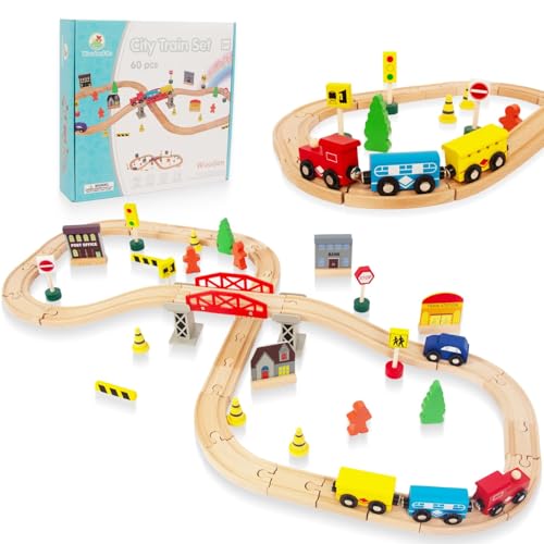 61 Stück Holzeisenbahn und Züge Pack Eisenbahn Anfängerset Kompatibel mit Thomas Passend für Eichhorn Zugset Kleinkinderspielzeug empfohlen ab 3 Jahren von WOODENFUN