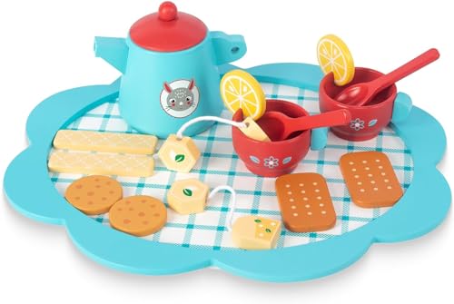 Hölzerne Tee-Set für kleine Mädchen, Spielen Lebensmittel vorgeben Spielen Küche Zubehör für 3 4 5 Jahre alt Mädchen Jungen, Kleinkind Prinzessin Tea Time Party Essen Spielzeug von WOODENFUN