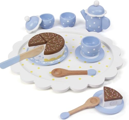 Holz Tee Set Spielzeug, Kinderspiele, Küchenzubehör, Lebensmittel Spielzeug, Kinder Tee Party Set, Kuchen, Schokolade Tee Tasse, Holz Zubehör Set, Blau von WOODENFUN