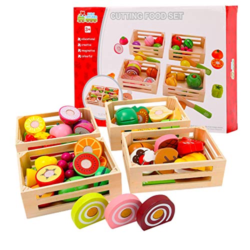 Kinderküche Spielküche Zubehör aus Holz I Holzspielzeug Küchenspielzeug Schneiden Obst Gemüse Lebensmittel Holz mit Klett-Verbindung für Kinder I Lernspielzeug Rollenspiele Geschenk (4 Kisten) von WOODENFUN