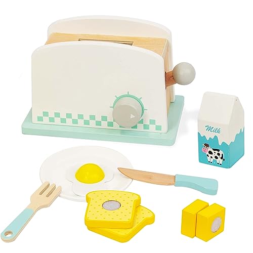 Kinderküche Toaster Set, Holzspielzeug Toaster für Kinder, Pop-up Toaster Holz Spielküche Zubehör, Rollenspiele Kinderspielzeug mit Brotscheiben Butter, Pädagogisches Lernspielzeug Geschenk von WOODENFUN