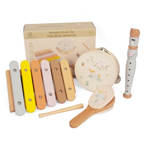 Montessori Holz Musik Spielzeug für 3-jährige Kinder, 4-teiliges Set von Tamburin, Xylophon, Flöte und Resonanzboden, Musik Erleuchtung Spielzeug Set (Instrumentensatz) von WOODENFUN