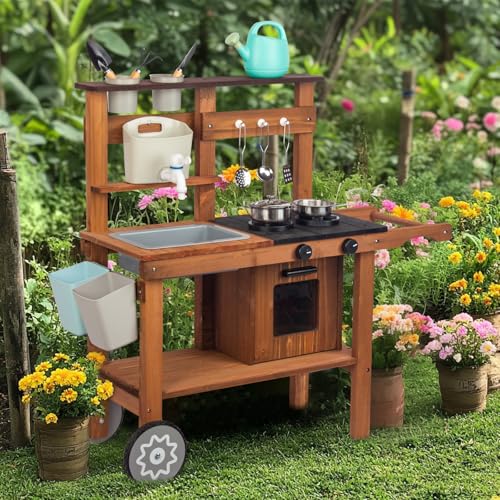 Outdoor Spielküche Gartenspielküche Matschküche Kinder Outdoor Mit Rädern, Wasserkocher, Spüle, Holzpflanzenbehälter, Kinderküche (Braun) von WOODENFUN