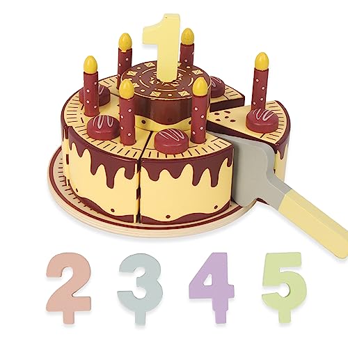 Pretend Spielen Lebensmittel für Kleinkinder 1-3, hölzerne Geburtstagskuchen mit Kerzen und Zahlen, Tee-Party Lernen Küche Geschenk Spielzeug für Jungen Mädchen (Schokoladenkuchen) von WOODENFUN