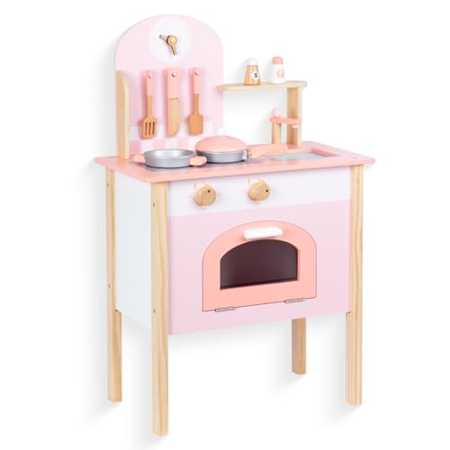 Rosa Hölzerne Kinderküche, Kinderspielküche mit Spüle Herd Backofen, Holzküche Spielzeugküche, Spielküche aus Holz mit Zubehör für Kinder ab 3 Jahren von WOODENFUN