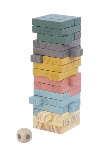 WOODENFUN 48pcs Buntes hölzernes Stapelturmspiel mit Würfel Party Spiel Wacketturm Holz Geeignet für Kinder 3+, 8x8x28cm (Farbe) von WOODENFUN