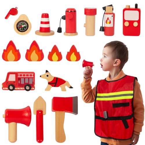 WOODENFUN Feuerwehr Spiel Set für Kinder aus Holz Feuerwehr Rollenspiel 16-teiliges Set für 3, 4, 5 Jahre alt von WOODENFUN