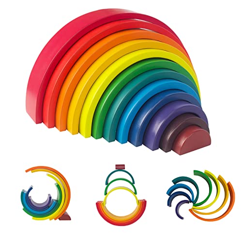 WOODENFUN Großer hölzerner Regenbogenstapler für Kleinkinder, 12 Stück hellen Farben Regenbogenstapler hölzernes Babyspielzeug - Stapeln Spielbausteine für Kinder von WOODENFUN