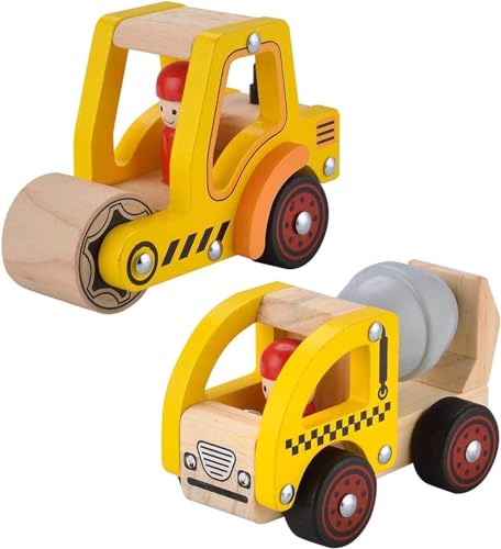 WOODENFUN Hölzernes Kinder Baustellenfahrzeuge, 2 Stück Zementlaster Straßenwalze Baby-Fahrzeug-Spielzeug Handschiebeauto-Spielzeug für 1 2 Jahre alte Jungen Mädchen (Yellow) von WOODENFUN